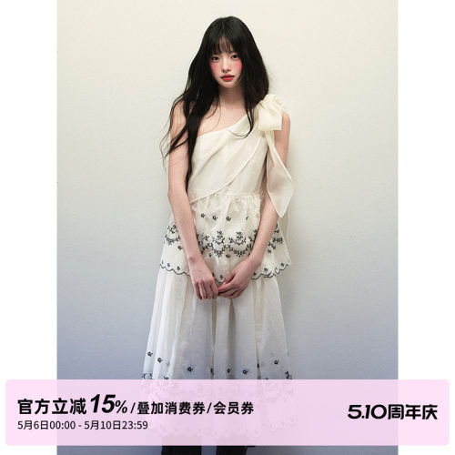 1P STUDIO 天丝刺绣斜肩绑带背心上衣女夏季宽松收褶半身裙两件套