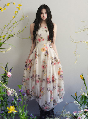 1P STUDIO 杏色花朵印花挂脖连衣裙女夏季不规则下摆雪纺无袖长裙