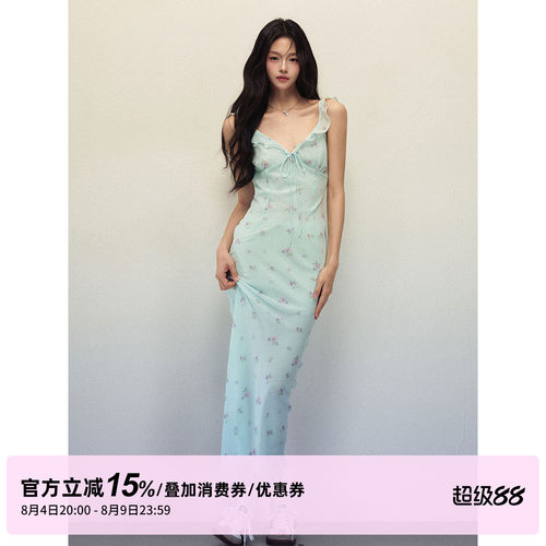 1P STUDIO 薄荷绿印花荷叶边V领连衣裙女夏修身显瘦无袖吊带长裙