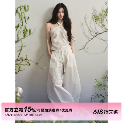 1P STUDIO 白色天丝纽结挂脖上衣休闲棉麻阔腿长裤两件套装女夏季