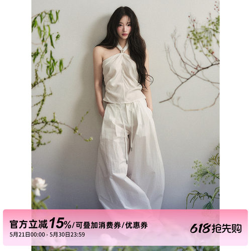 1P STUDIO 白色天丝纽结挂脖上衣休闲棉麻阔腿长裤两件套装女夏季