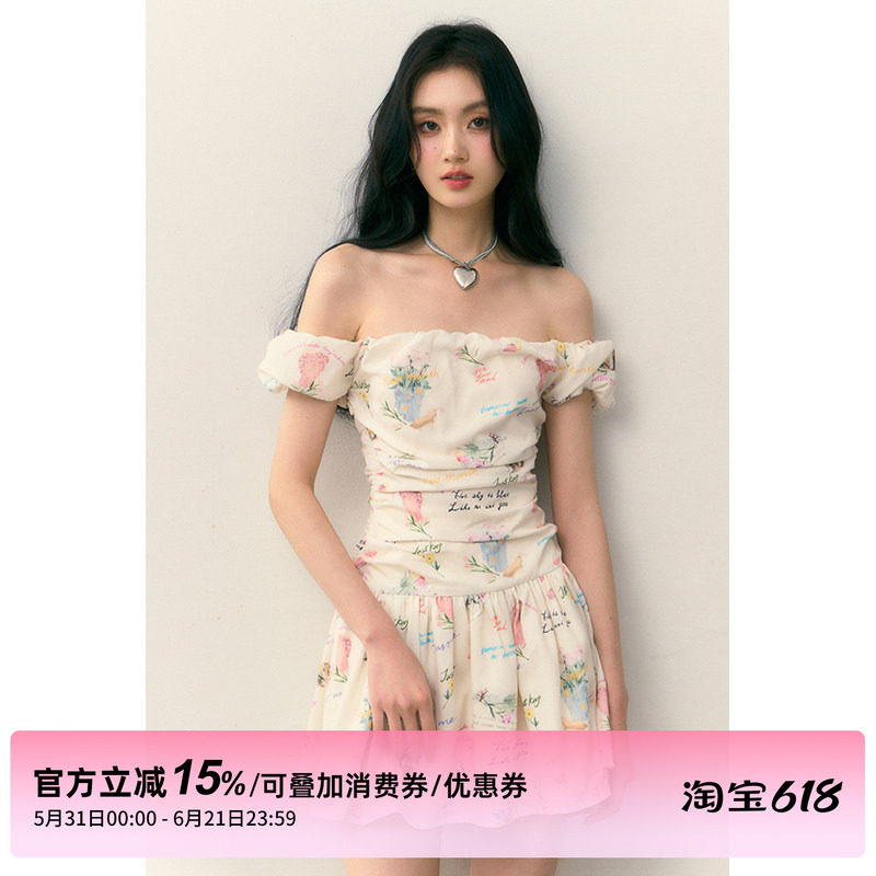 1P STUDIO原创设计 字母碎花一字肩收褶连衣裙女夏季一字领短裙