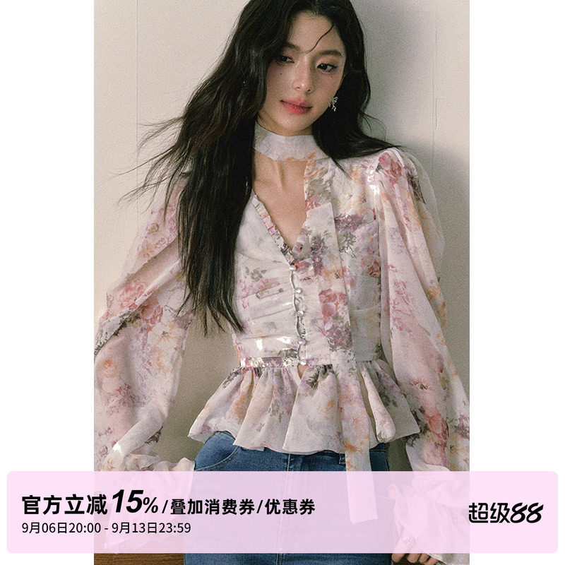 1PSTUDIO晕染碎花雪纺V领衬衫女