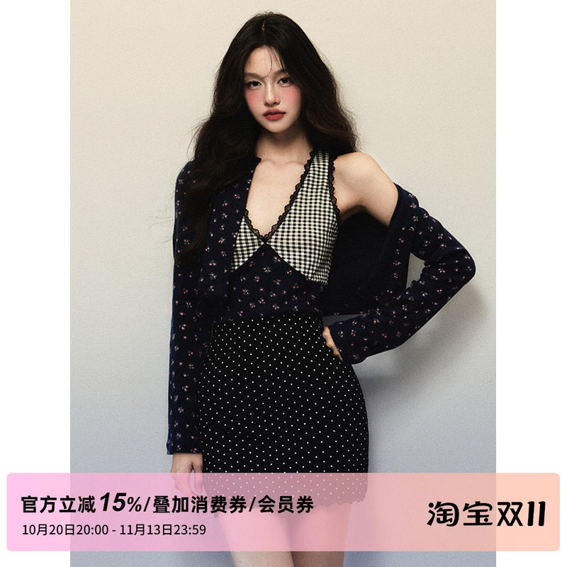 1P STUDIO 碎花短款针织开衫+格子拼接波点背心裙两件套装女秋冬
