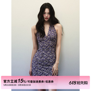 1P STUDIO 紫色碎花V领挂脖连衣裙女夏修身收腰性感露背无袖短裙