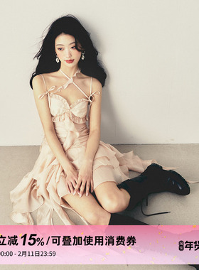 1P STUDIO原创设计 交叉绑带吊带裙女花边抽皱收腰连衣裙女秋冬