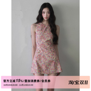 1P STUDIO 油画感碎花无袖连衣裙女秋装收腰修身短款A字背心裙子