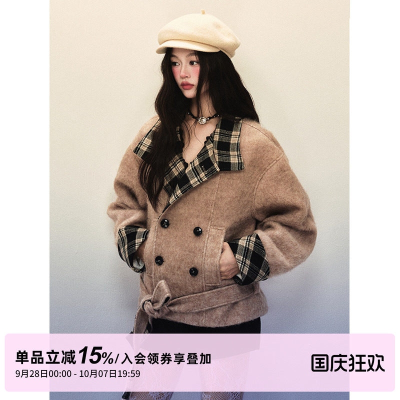 1P STUDIO 卡其棕格纹拼接长毛呢外套女秋冬装双排扣短款呢子大衣