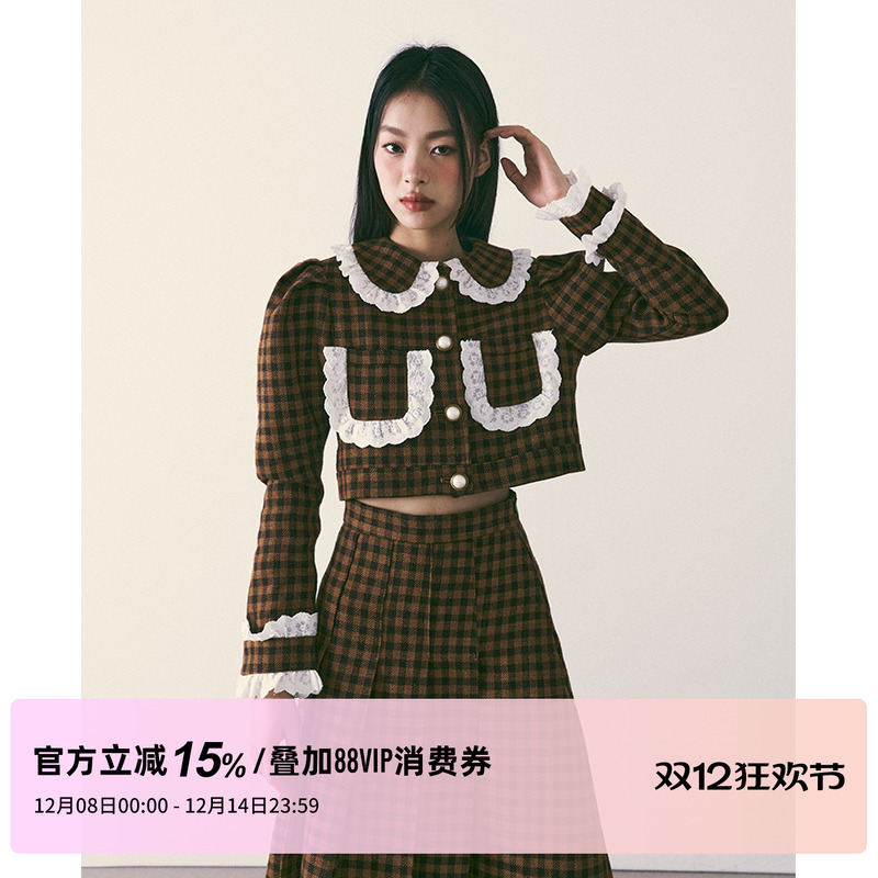 棕色格纹呢子套装蕾丝花边两件套