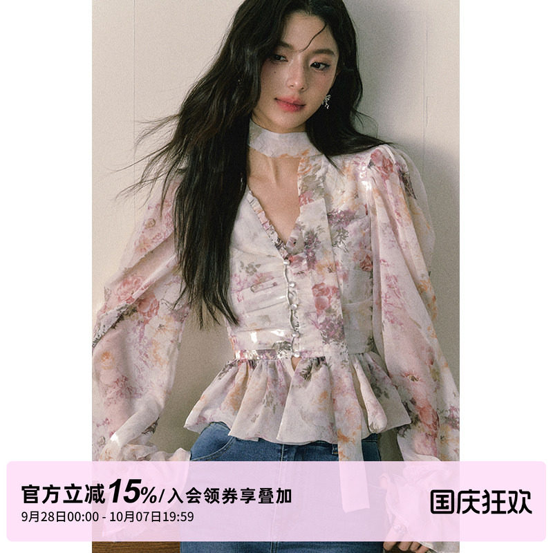1PSTUDIO晕染碎花雪纺V领衬衫女