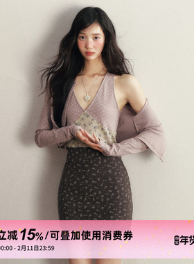 1P STUDIO 浅紫色碎花短款针织开衫+撞色碎花V领连衣裙两件套装女