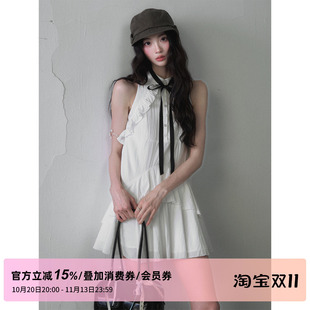 1P STUDIO 白色衬衫领背心连衣裙女秋装蝴蝶结系带荷叶边无袖短裙