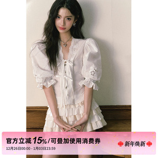 STUDIO原创设计 秋冬蛋糕裙两件套装 法式 女v领泡泡短袖 白衬衫