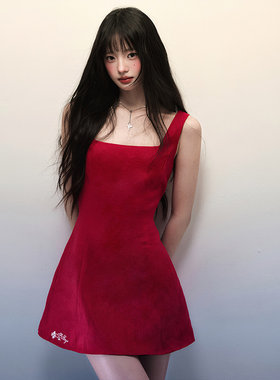 1P STUDIO 红色棉麻大方领背心连衣裙女秋冬A字裙摆修身收腰短裙