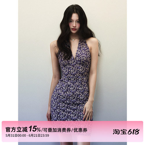 1P STUDIO 紫色碎花V领挂脖连衣裙女夏修身收腰性感露背无袖短裙