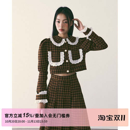 棕色格纹呢子套装蕾丝花边两件套