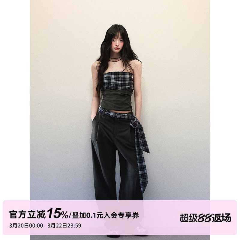 1P STUDIO 格纹拼接辣妹套装女春夏抹胸上衣宽松系带阔腿裤两件套