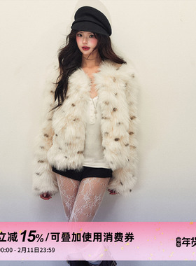 1P STUDIO 白色波点仿狐狸毛环保皮草女冬高级感保暖短款毛毛外套