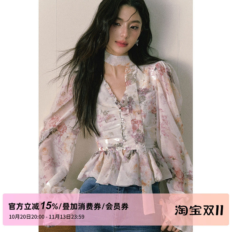 1PSTUDIO晕染碎花雪纺V领衬衫女