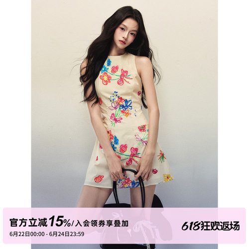 1P STUDIO 艺术手绘彩花背心连衣裙女夏季修身收腰A字无袖短裙子