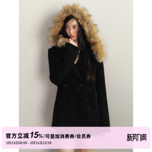 双排扣修身 毛呢外套女冬季 仿貂毛毛领连帽短款 呢子大衣 STUDIO