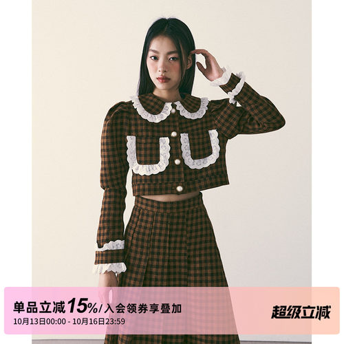 棕色格纹呢子套装蕾丝花边两件套