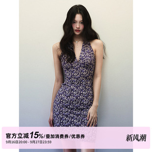 1P STUDIO 紫色碎花V领挂脖连衣裙女秋修身收腰性感露背无袖短裙