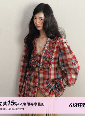 1P STUDIO 红色格纹V领宽松衬衫女春秋纯棉木耳边设计感长袖衬衣