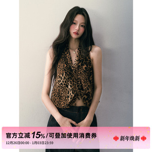 热辣豹纹印花V领挂脖上衣女秋冬不规则纽结设计露背心 STUDIO