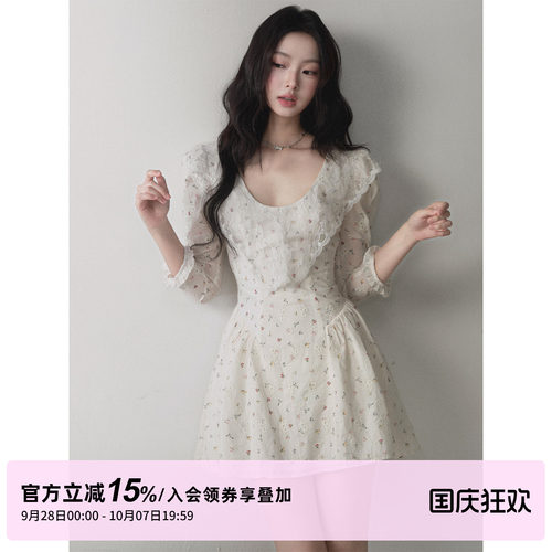 1P STUDIO 镂空刺绣提花大U领连衣裙女秋装羊腿中袖收腰A字短裙子