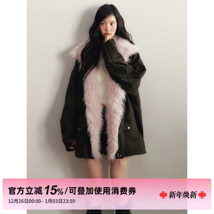 宽松中长款 风撞色可拆卸毛毛领棉服女冬季 工装 夹棉外套 STUDIO