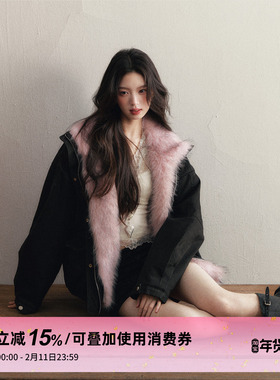 1P STUDIO 黑色可拆卸仿貂毛毛夹棉外套女冬季宽松设计感翻领棉服