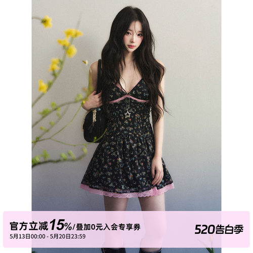 1P STUDIO 黑色碎花V领吊带连衣裙女夏粉色蕾丝花边收腰无袖短裙