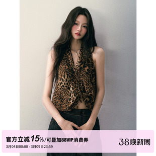 1P STUDIO 热辣豹纹印花V领挂脖上衣女春夏不规则纽结设计露背心