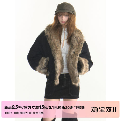 1P STUDIO【10/20 20:00】黑色宽松落肩袖大毛边领加厚夹克外套女
