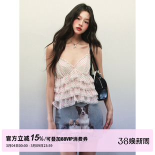 1P STUDIO 波点雪纺V领木耳边吊带上衣猫狗印花包臀半裙两件套装