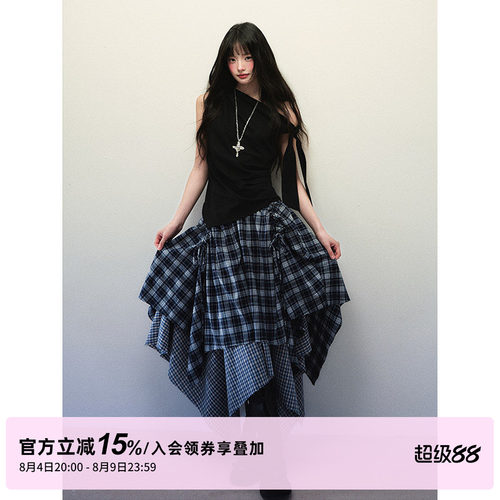 1P STUDIO 亚麻棉混纺斜肩无袖上衣女秋冬飘带打结不规则收腰背心