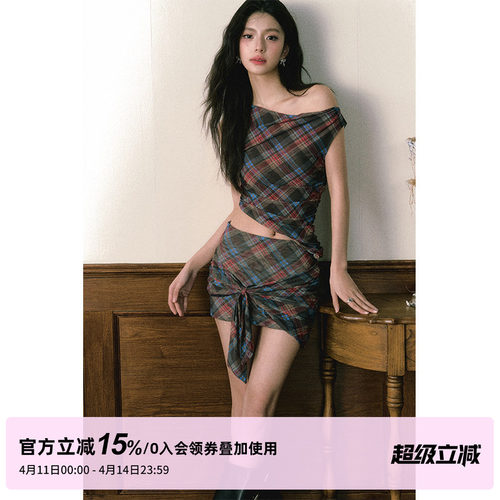 1P STUDIO原创设计 复古红蓝格纹网纱斜肩上衣包臀短裙两件套裙装