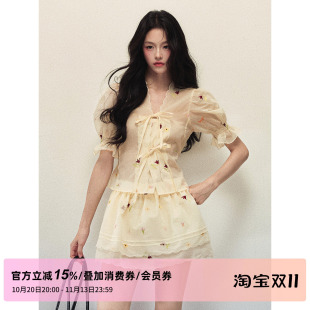 1P STUDIO 绣花雪纺套装女秋装V领泡泡袖上衣双层下摆半裙两件套