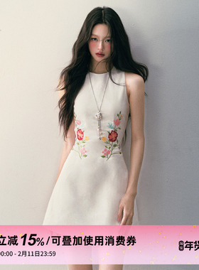 1P STUDIO 白色亚麻棉花朵绣花无袖连衣裙女秋冬圆领收腰背心短裙
