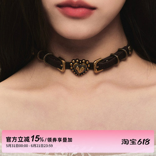 1P STUDIO 做旧古金色爱心圆环双层棕色皮带项链choker配饰