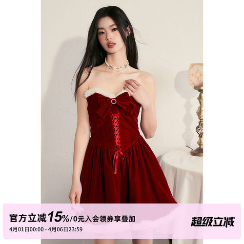 红色丝绒圣诞裙蝴蝶结抹胸连衣裙