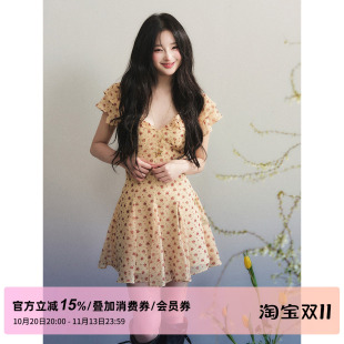 1P STUDIO 复古小碎花雪纺V领连衣裙女秋荷叶边短袖收腰压褶短裙