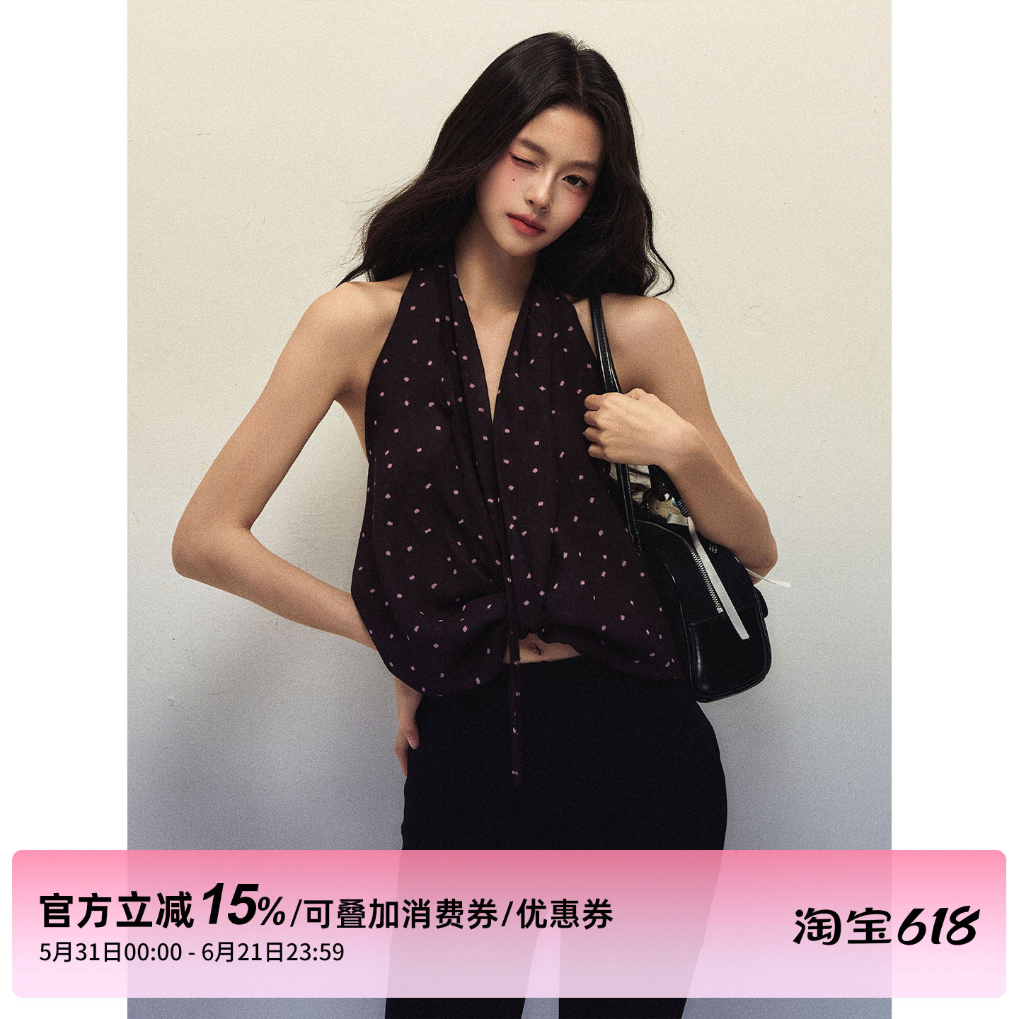 1P STUDIO 波点雪纺V领挂脖上衣女夏季扭结系带修身短款无袖背心