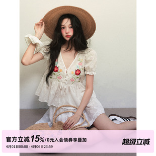两件套装 裙 花边半身裙裤 纯棉绣花系带V领衬衫 STUDIO 夏日恋歌