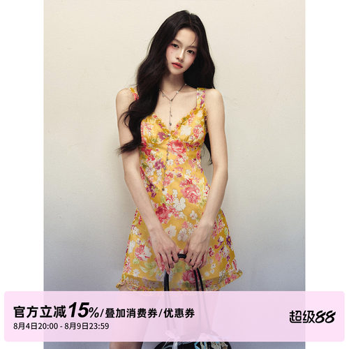 1P STUDIO 碎花荷叶边V领吊带连衣裙女夏季收腰雪纺垂坠无袖短裙