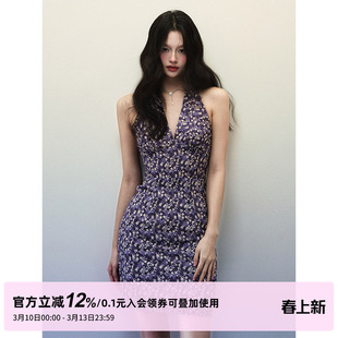 1P STUDIO 深紫色米黄碎花挂脖连衣裙女春夏收腰露背V领无袖短裙