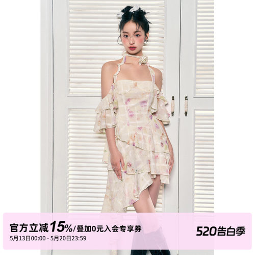 玫瑰花碎花挂脖花朵装饰连衣裙
