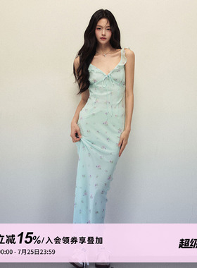 1P STUDIO 薄荷绿印花荷叶边V领连衣裙女夏修身显瘦无袖吊带长裙