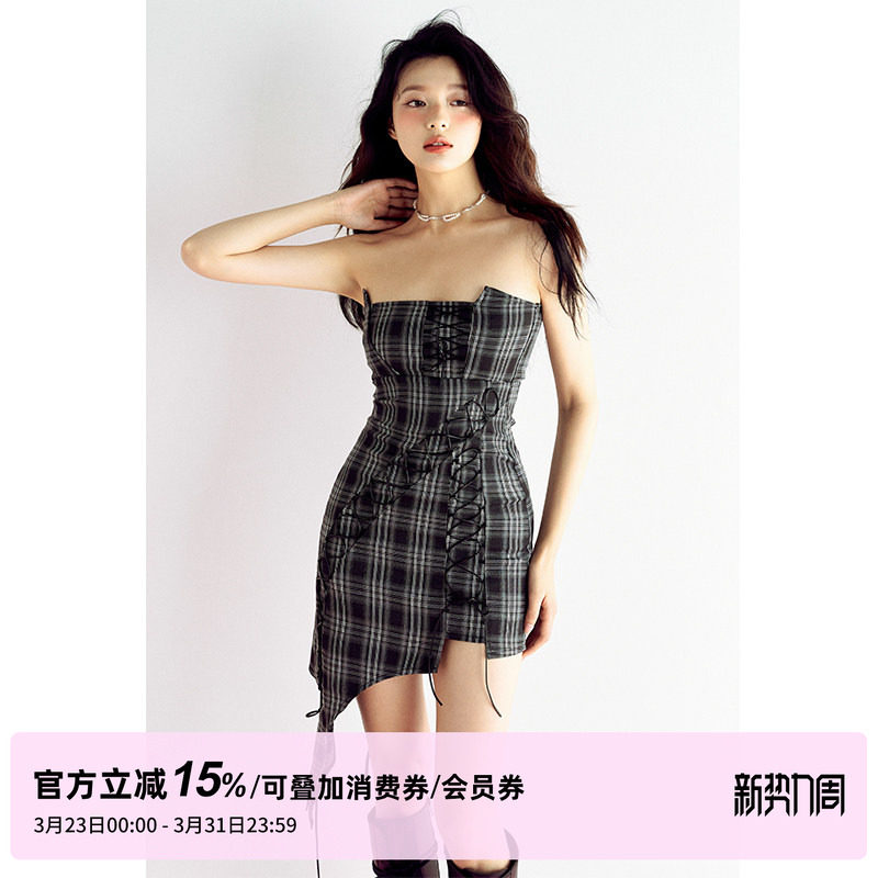 1P STUDIO原创设计 复古格纹绑带连衣裙女春夏斜边不规则抹胸裙